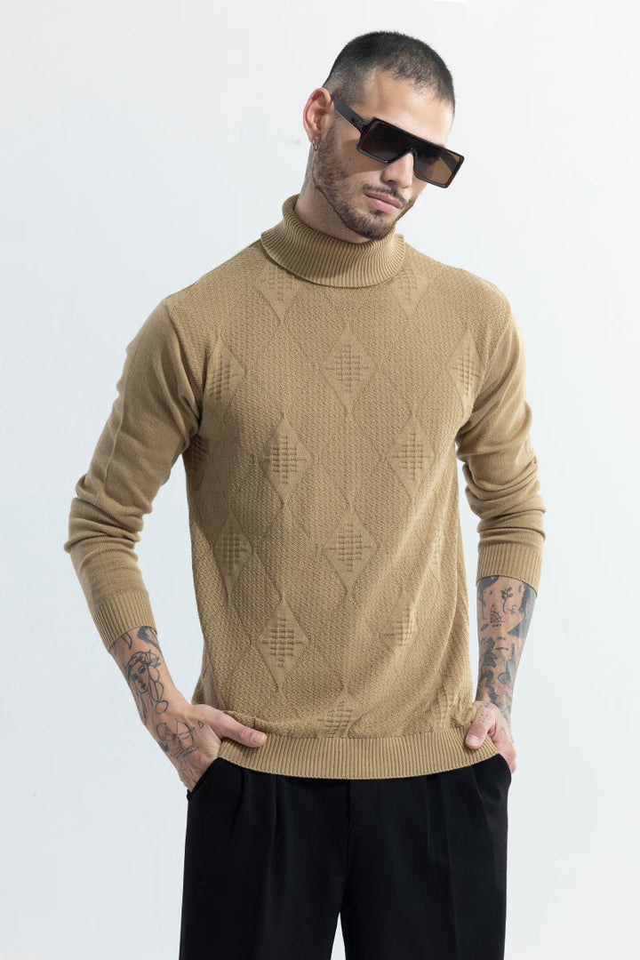Premium Rhomboid Beige Turtleneck Sweater