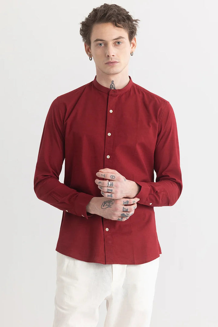 Minimalist Mandarique Dark Maroon Linen Blend Shirt