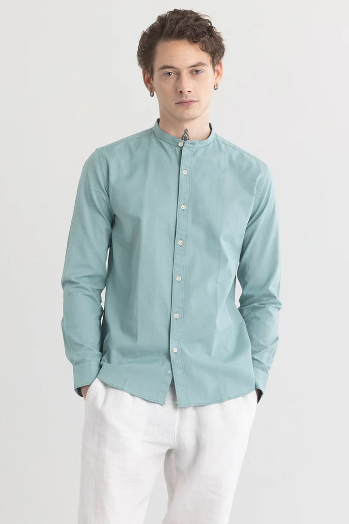 Minimalist Mandarique Blue Linen Blend Shirt