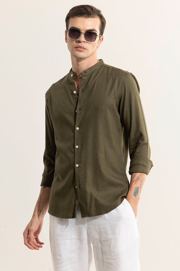 Elegant Olive Mandarin Collar Shirt