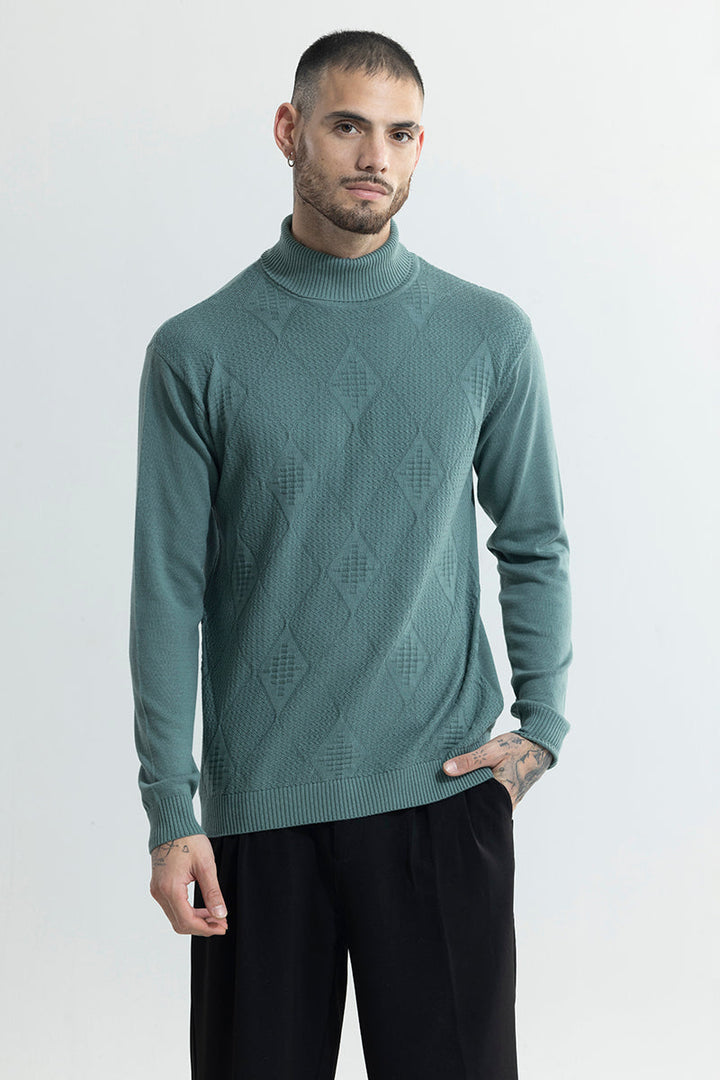 Premium Rhomboid Teal Green Turtleneck Sweater